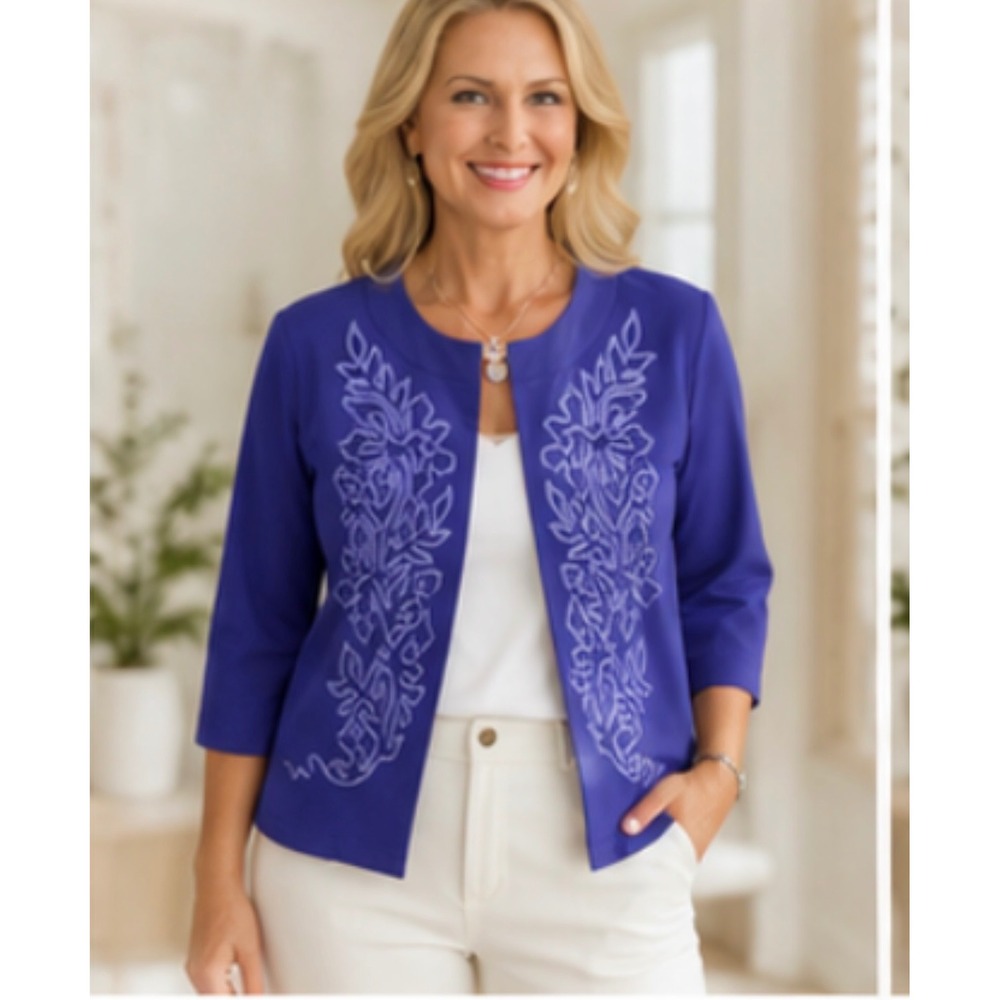 Bob Mackie Wearable Art Periwinkle Blue Ribbon Floral Embroidered Jacket L Artsy